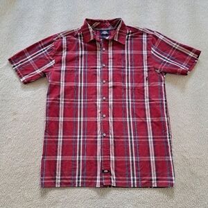Dickies Plaid Shirt Men's Short Sleeved Button Up Red Blue White Size Large